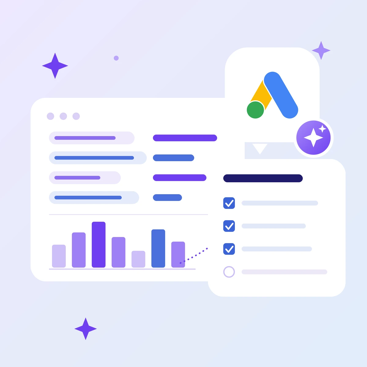 Logo Google Ads obok listy zapytań, wykresu popytu i podpowiedzi AI — dobór słów kluczowych z pomocą AI
