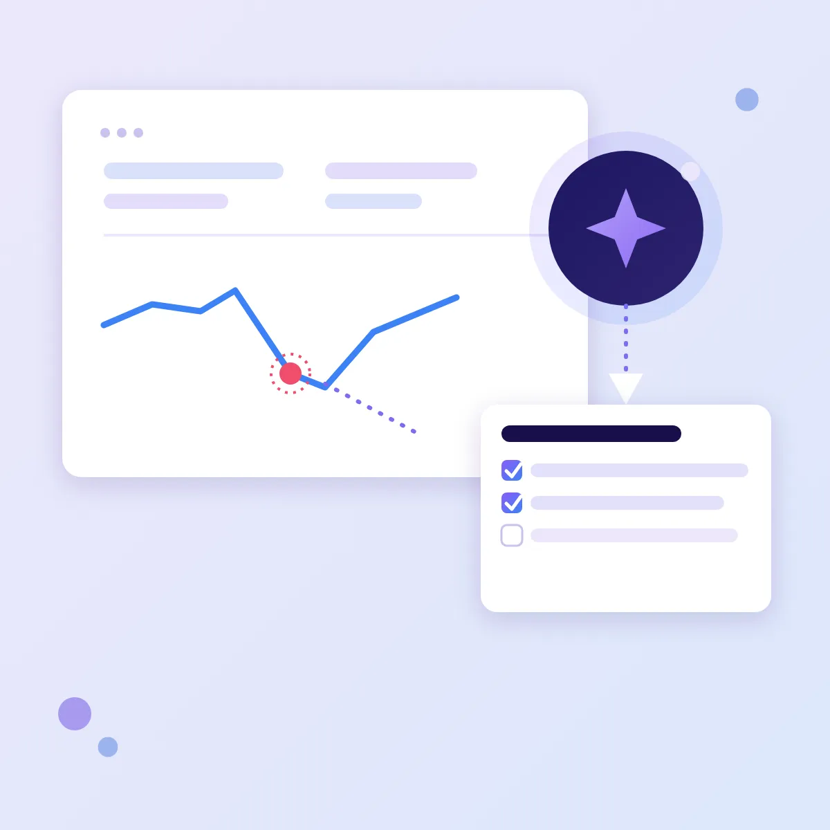 A Search Console report with a dipping chart and an AI assistant answering questions about the website