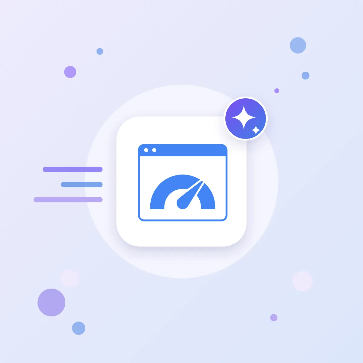 Znak PageSpeed Insights z prędkościomierzem na białej karcie i ikona AI — sprawdzanie szybkości strony z asystentem AI