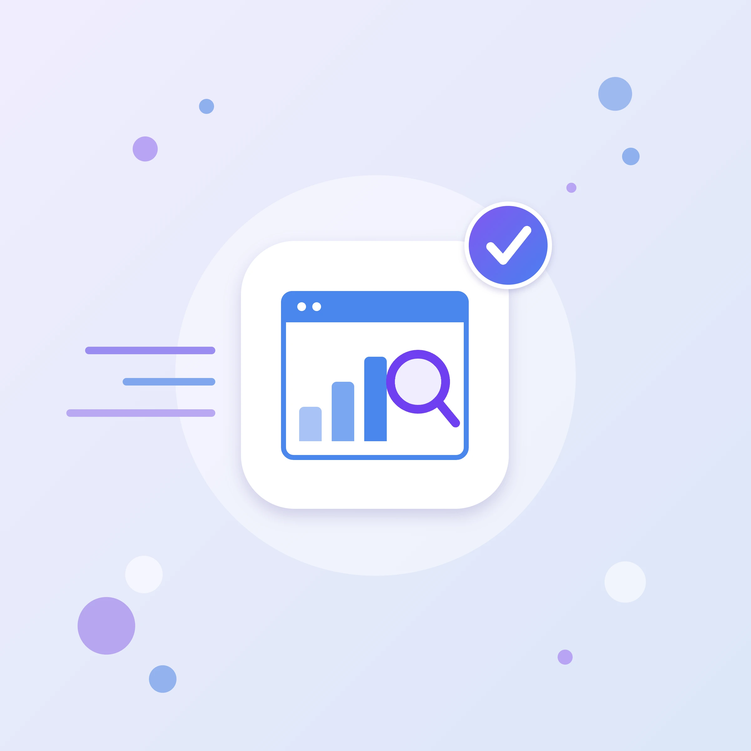 Значок настройки Google Search Console: окно браузера с диаграммой и лупой — проверка видимости сайта в поиске Google