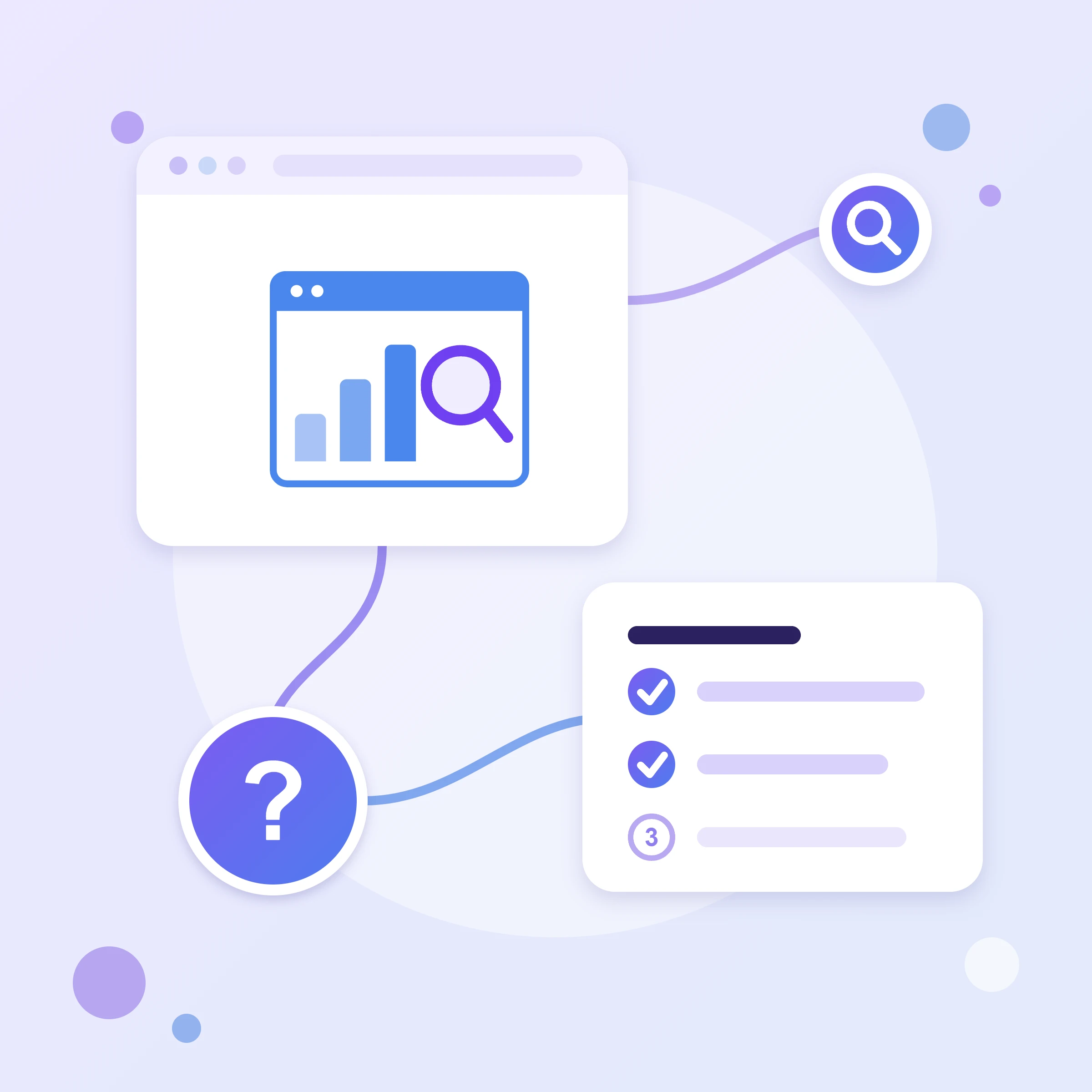 Акно з графікам і лупай Search Console, спіс крокаў і знак пытання — інструкцыя па даданні сайта ў Search Console