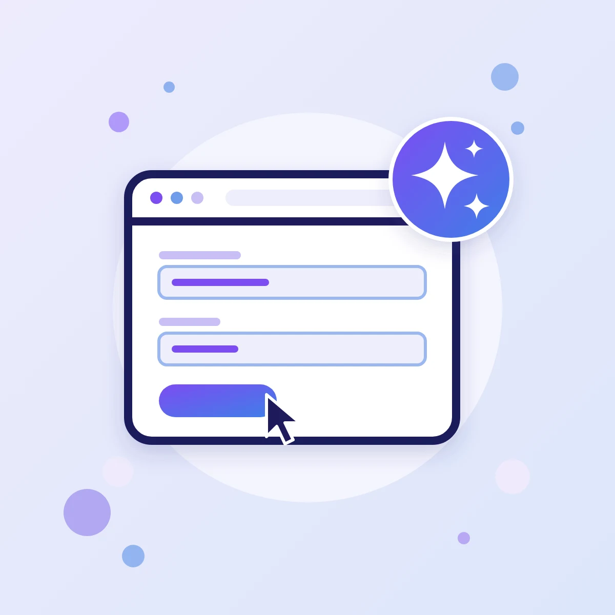A browser window with a cursor and an AI agent badge filling in a form on a website by itself