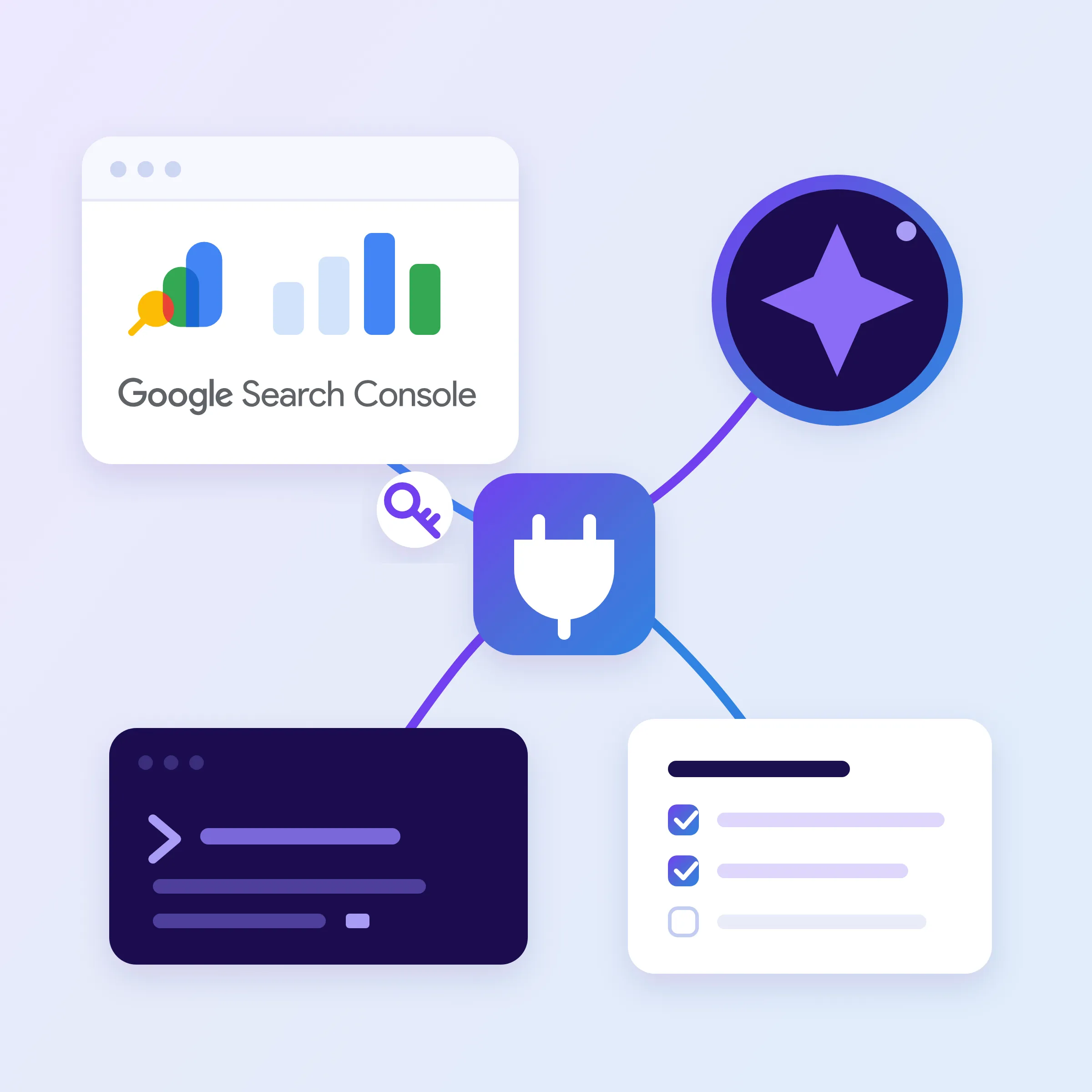 Search Console, serwer MCP i asystent AI połączone w łańcuch na ekranie komputera