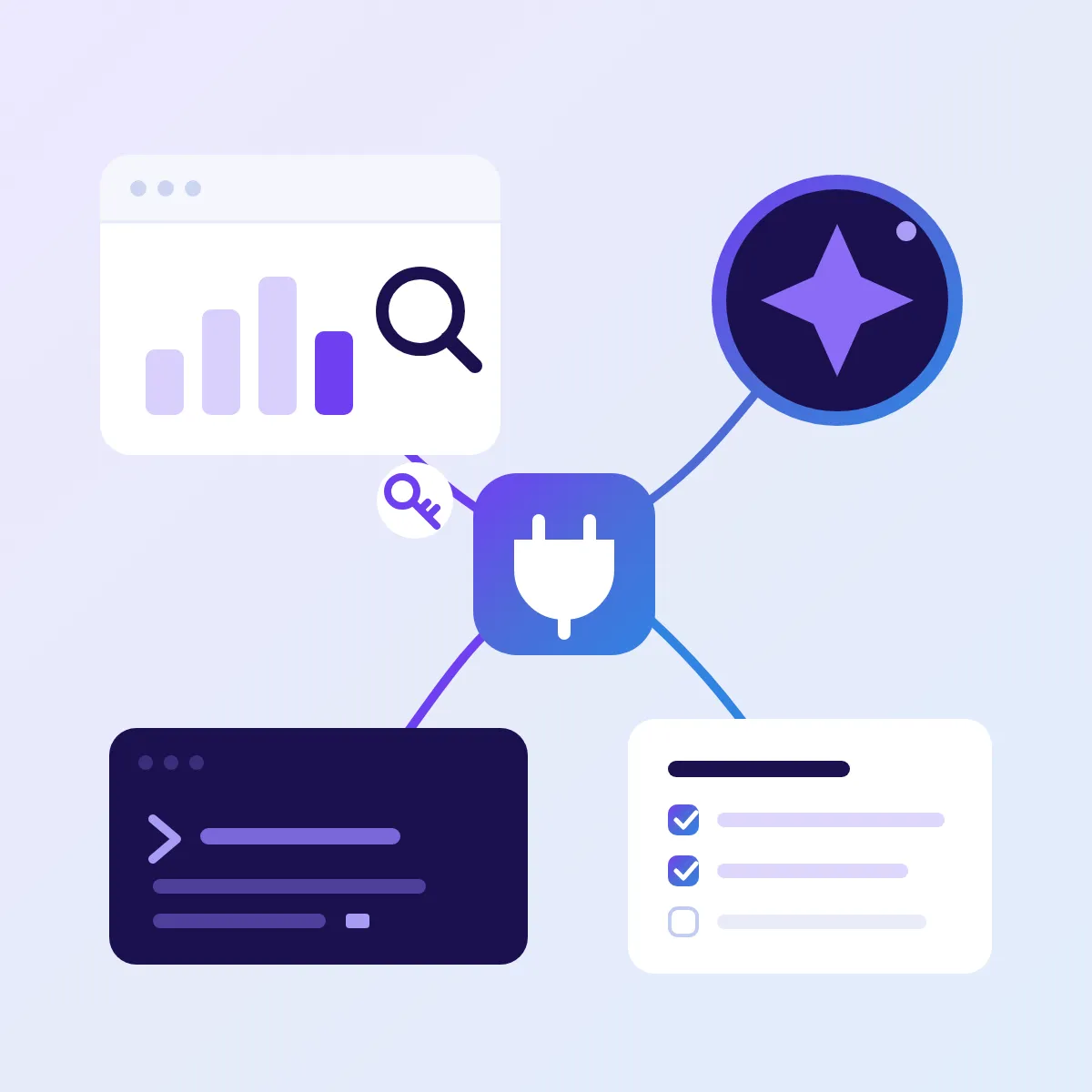 Search Console, MCP-сервер і ШІ-памочнік, злучаныя ў ланцужок на экране камп'ютара